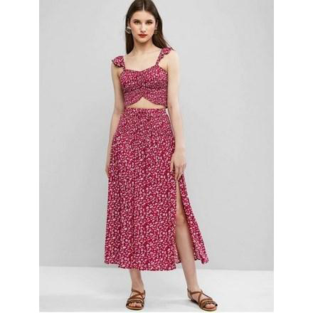 Ditsy Floral Smocked Slit Two Piece Dress