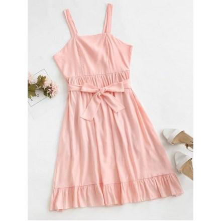 Crisscross Belted Ruffle Hem Backless Dress