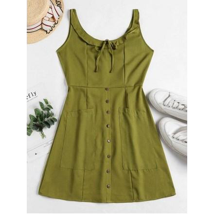 Buttons Tied Pockets Sleeveless Dress