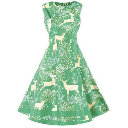 Christmas Elk Print High Waist Swing Dress