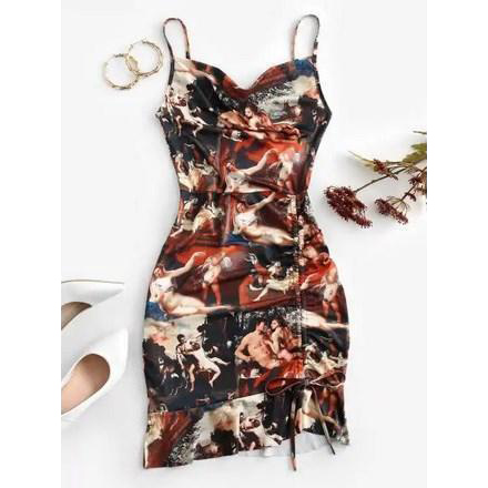 Cinched Ruffle Hem Open Back Angel Print Dress