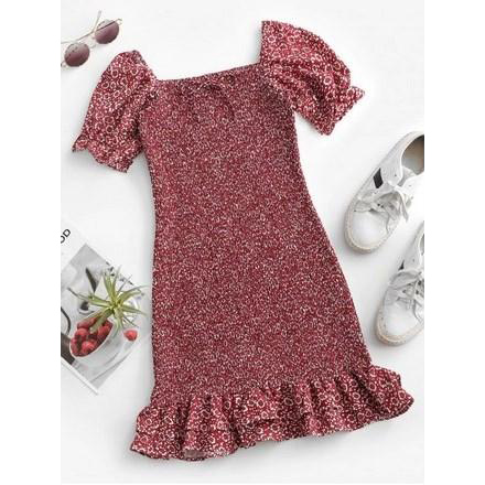 Ditsy Floral Smocked Ruffles Hem Mini Dress